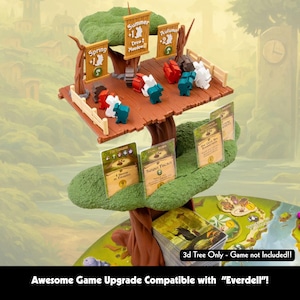 May include: A 3D tree game upgrade for Everdell, with a wooden platform and miniature animal figures in different colours. The tree has signs for Spring, Summer, and Autumn. Game cards are visible, and the text reads "3d Tree Only - Game not Included!!"