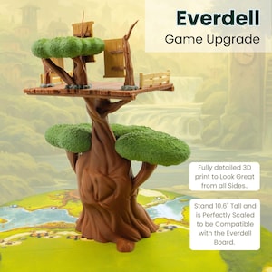 May include: A 3D-printed Everdell game upgrade. The tree-shaped structure has a brown trunk, green foliage, and a wooden platform with small buildings. The stand is 27 cm tall and designed to be compatible with the Everdell board game.