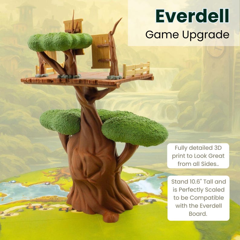 May include: A 3D-printed Everdell game upgrade. The tree-shaped structure has a brown trunk, green foliage, and a wooden platform with small buildings. The stand is 27 cm tall and designed to be compatible with the Everdell board game.