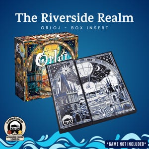 May include: A box insert for the board game "The Riverside Realm" with the name "Orloj" printed on it. The box is decorated with a colorful stained-glass design. The insert is black and white with a city illustration.