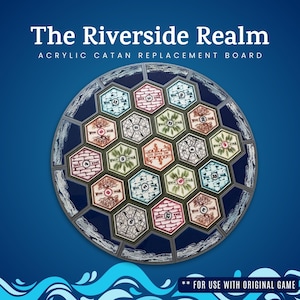 May include: An acrylic replacement board for the Catan board game. The board features a circular design with hexagonal tiles depicting resources and numbers. The text "The Riverside Realm" is at the top, with "Acrylic Catan Replacement Board" below it.