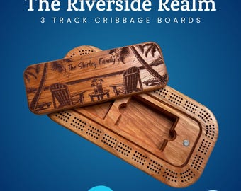 Personalized Cherry Wood Cribbage Board with Storage: Beach, Military, Deer Themes
