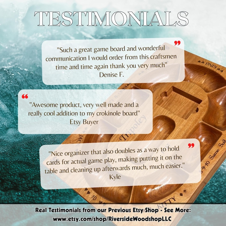 May include: A wooden game board with various compartments and a central playing area. The board has a natural wood grain finish and is designed for card games. The image includes customer testimonials.