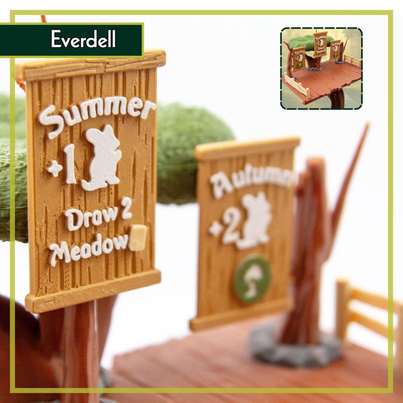 May include: A miniature wooden sign from the board game Everdell, with the word "Summer" and a white rabbit illustration. The sign also includes the text "+1" and "Draw 2 Meadow". The background shows a tree and other game elements.