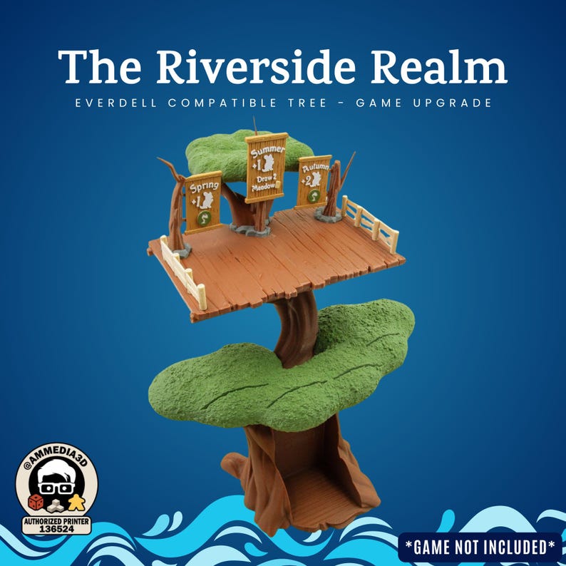 May include: A brown and green tree-shaped game upgrade for Everdell, with a wooden platform and signs for Spring, Summer, and Autumn. The text "The Riverside Realm" and "Game Upgrade" are displayed. The base has a logo for AMMEDIA3D.