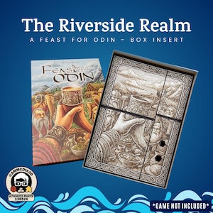 May include: Box insert for "The Riverside Realm" for the board game "A Feast for Odin." The insert is a light brown color and features detailed illustrations of Viking-themed imagery. The game box is visible in the background.