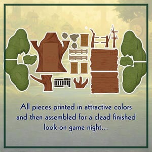 May include: A set of colourful, die-cut game pieces, including trees, fences, and wooden planks. The pieces are designed to be assembled. Text on the image reads: "All pieces printed in attractive colours and then assembled for a clead finished look on game night..."