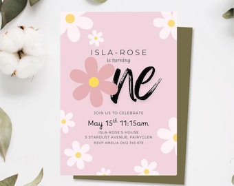 Invitation modifiable pour le 1er anniversaire d'une marguerite | Modèle sur toile rose pastel floral moderne | Téléchargement instantané | 5 x 7
