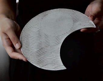 Handmade Crescent Moon Stoneware Plate | Wabi-Sabi Tea Tray, Zen Decor