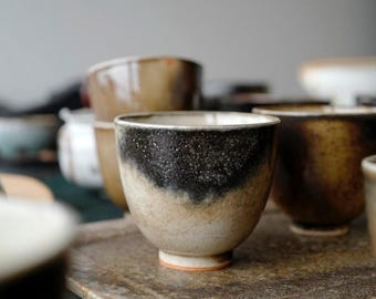 Shino Glaze Ink-Wash Teacup | 50ml Ceramic Tea Cup | Rustic Japanese Style Yunomi | Handcrafted Pottery Cup
