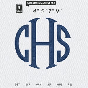 May include: A navy blue embroidered monogram featuring the letters C, H, and S in a classic serif font. The design is labelled as an embroidery machine file available in 4, 5, 7, and 9 inch sizes, with file formats including DST, EXP, VP3, JEF, HUS, and PES.