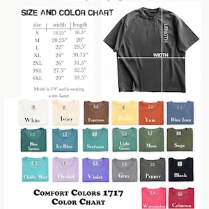 May include: A Comfort Colors 1717 garment-dyed heavyweight t-shirt color chart. The chart displays various t-shirt colors, including white, ivory, espresso, and black. Size chart shows width and length measurements in inches. The text reads "Please note to choose the correct color."