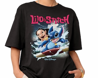 Camiseta vintage de Lilo y Stitch, camiseta retro con estampado de Stitch surfeando, camiseta hawaiana "Ohana significa familia", regalo para vacaciones familiares en Disneyland
