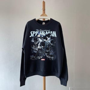 May include: Black sweatshirt featuring a graphic of Spider-Man with the text "The Sensational Spider-Man" in white and blue. The Marvel logo is at the bottom. The sweatshirt is hanging on a wooden hanger.