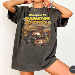 Puede incluir: Camiseta gris oscuro con un gr&aacute;fico de Mate de la pel&iacute;cula Cars, con el texto "Welcome to Radiator Springs". El dise&ntilde;o incluye un paisaje des&eacute;rtico y el nombre del personaje. La camiseta tiene mangas cortas.