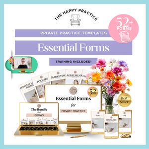 May include: A promotional image for "The Happy Practice" featuring a gold laptop, desktop computer, and smartphones displaying "Essential Forms" for private practice. The image includes text: "52+ Forms," "Training Included!" and a bouquet of colorful flowers.