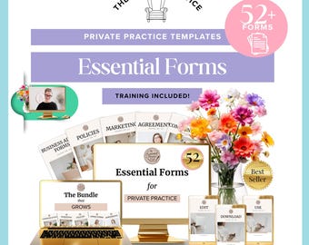 May include: A promotional image for "The Happy Practice" featuring a gold laptop, desktop computer, and smartphones displaying "Essential Forms" for private practice. The image includes text: "52+ Forms," "Training Included!" and a bouquet of colorful flowers.