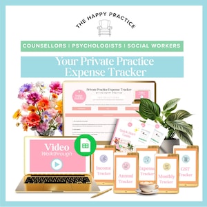 May include: A promotional image for "The Happy Practice" featuring a gold laptop displaying a video walkthrough, several tablets with expense tracking apps, and a guide. The image includes text: "Your Private Practice Expense Tracker."