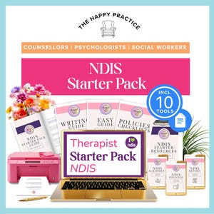 May include: A promotional image for the NDIS Starter Pack for therapists. The image features a laptop, printer, and several books and mobile phones. The text on the laptop reads "Therapist Starter Pack NDIS". The image also includes the text "The Happy Practice".