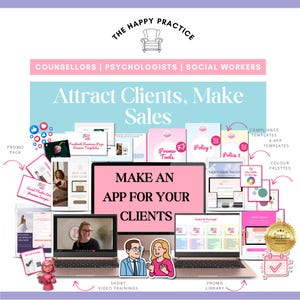 May include: A promotional graphic with the text "Attract Clients, Make Sales" and "Make an App for Your Clients." The image includes laptops, tablets, and various marketing materials, including templates and promo tools. The Happy Practice logo is at the top.