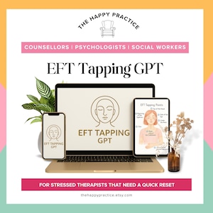 Könnte beinhalten: Werbebild für "The Happy Practice" mit Laptop, Telefon und Tablet, die "EFT Tapping GPT"-Inhalte anzeigen. Das Bild enthält Text für Berater, Psychologen und Sozialarbeiter mit dem Slogan "Für gestresste Therapeuten, die einen schnellen Neustart brauchen."