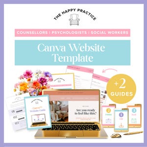 May include: A gold laptop showcases a website template with the text "Canva Website Template." The image includes guides, smartphones, a mouse, and a pen. The top banner reads "The Happy Practice."