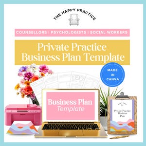 Puede incluir: Imagen de marketing digital con un portátil dorado que muestra una "Business Plan Template" rosa. La imagen incluye una impresora rosa, una carpeta con un plan de negocios y un ramo de flores. El texto dice "Private Practice Business Plan Template".