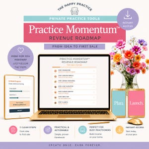 May include: Promotional image for "Practice Momentum," a revenue roadmap. A laptop displays the roadmap steps, with a tablet and two smartphones. The image includes text like "From Idea to First Sale" and "Instant Access." A bouquet of flowers adds colour.