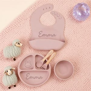Engraved Silicone Baby Weaning Set Custom Toddler Feeding Plate & Bib Unique Baby Shower Gift Personalized Baby Essentials Baby Shower Gift
