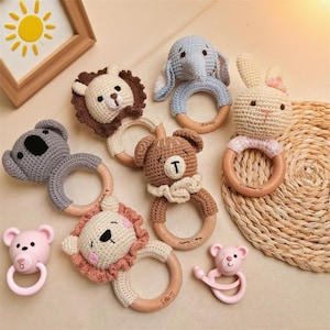 Personalized Animal Crochet Baby Rattle | Custom Engraved Wooden Rattle with Name | Handmade Baby Shower Gift | Newborn Keepsake Toy