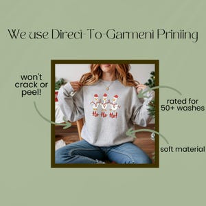 May include: A light gray sweatshirt featuring a festive design of three cartoon geese wearing Santa hats and string lights, with the text "Ho Ho Ho!". The sweatshirt is made of a soft material and is rated for 50+ washes.