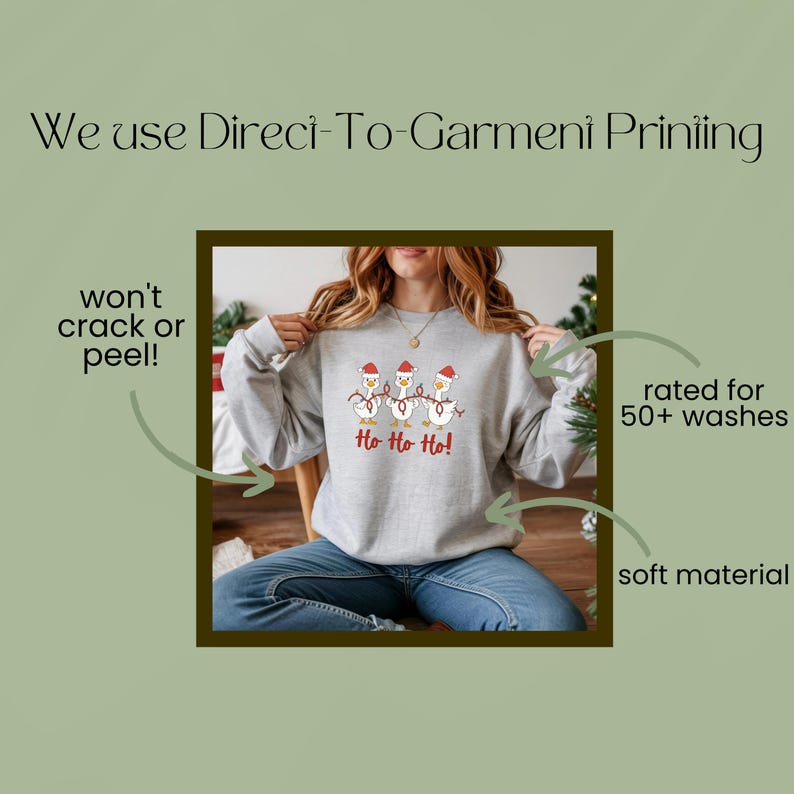 May include: A light gray sweatshirt featuring a festive design of three cartoon geese wearing Santa hats and string lights, with the text "Ho Ho Ho!". The sweatshirt is made of a soft material and is rated for 50+ washes.