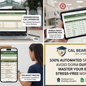 May include: A digital move-in planner spreadsheet displayed on a laptop, tablet, and smartphone. The interface features a dashboard, shopping hub, and timeline. Text includes "DESIGNED FOR CAL & ALL UNIVERSITIES," "MOBILE-READY SHOPPING HUB," and "CAL BEARS READY."