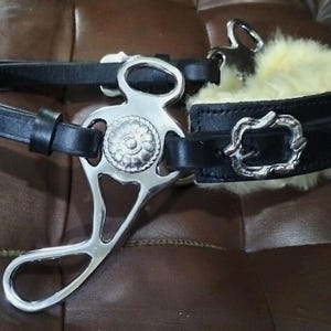 May include: A silver metal horse bit with a decorative floral design, connected to black leather straps. The bit is attached to a black leather headstall and a sheepskin-lined cheek piece with a silver buckle.