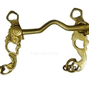 Op de afbeelding: Een goudkleurige paardenbit met sierlijke bloemen- en krulwerkdetails. De bit heeft een gebogen mondstuk en ringen voor het bevestigen van teugels. De tekst "Equinepishop" is zichtbaar in de afbeelding.