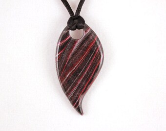 Red and SIlver Streaked Leaf Polymer Clay Pendant