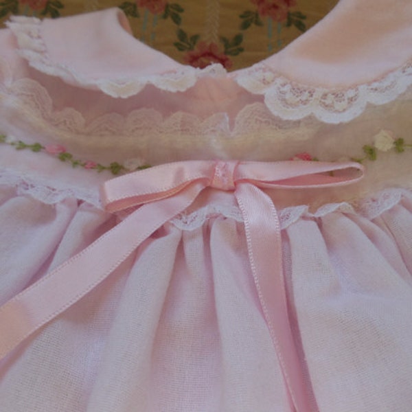 Vintage Baby Dress  Pink Cotton With Embroidered Rosebuds  1980s  Short Sleeve  Ribbon  Retro  Church Dress  Lace Trim  Frilly