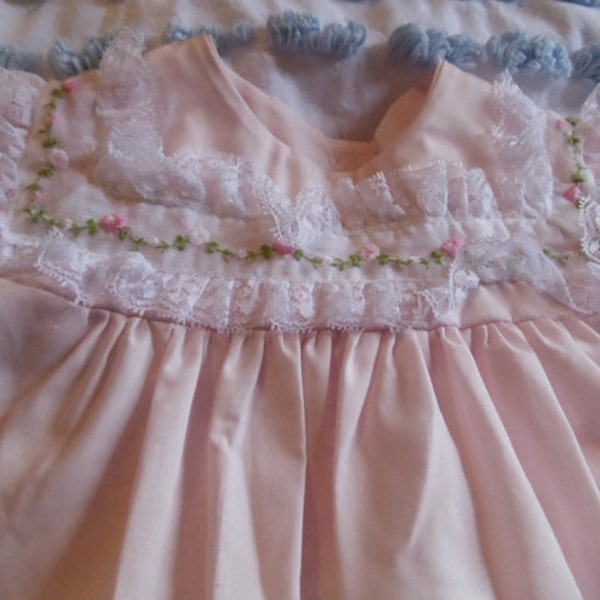 SALE Vintage Baby Dress 1980's Alexis Pink with Rosebuds  Bloomers Lacey Puffed Sleeves Easter Party Church Dress Doll Dress  Size 6 Months