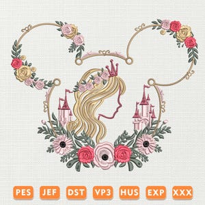 Princess Embroidery Design, Magical Princess Castle Embroidery, Princess Cartoon Embroidery, Fairytale Embroidery, Mouse Ears Embroidery