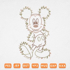 Mouse Floral Embroidery Design, Hibiscus Wreath Machine Embroidery, Magical Kingdom Embroidery Design, Floral Outline Mouse Embroidery File