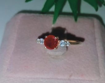 Gold Oval Ruby Engagement Ring , Three Stone Ruby Ring , Dainty Red Gemstone Promise Ring , July Birthstone Jewellery , Elegant Bridal Ring