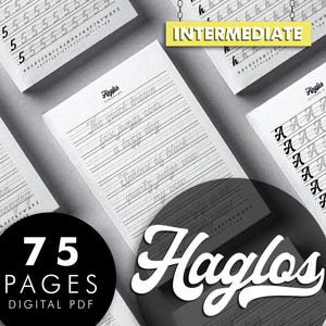 May include: A collection of white paper booklets with handwriting practice exercises. The booklets feature lined pages with cursive letters and words. The image includes the text "Intermediate", "75 Pages Digital PDF", and the Haglos logo.