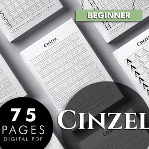 May include: A collection of white workbooks with calligraphy practice pages. The word "CINZEL" is displayed in a stylized font. The text "BEGINNER" is in a green rectangle. The image also includes the text "75 PAGES DIGITAL PDF".