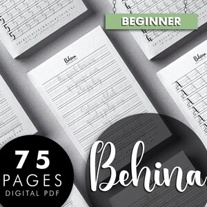 May include: A selection of white paper pages featuring handwriting practice exercises. The word "Beginner" is on a green banner. The word "Behina" is in a script font. A black circle displays "75 PAGES DIGITAL PDF".