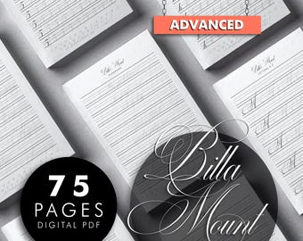 Hoja de práctica de caligrafía con la fuente Billa Mount Script (PDF)