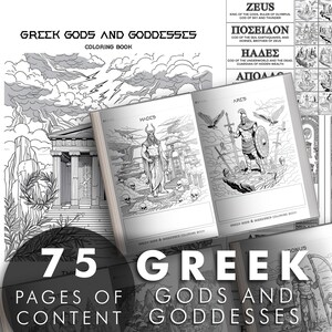 May include: A coloring book titled "Greek Gods and Goddesses" with illustrations of Greek mythology figures. The cover and interior pages are visible, showcasing line art drawings of Zeus, Poseidon, Hades, and other gods. The book contains 75 pages of content.