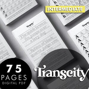 Puede incluir: Una colección de hojas de práctica blancas para caligrafía, con páginas rayadas con texto y ejercicios de letras. La imagen incluye el texto "Intermediate" y "75 Pages Digital PDF". La marca "Transcity" también es visible.