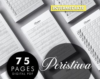 Hoja de práctica de caligrafía con fuente Peristiwa Script (PDF), guía del alfabeto de Procreate, hoja de trabajo imprimible para principiantes con ejercicios de letras a mano.
