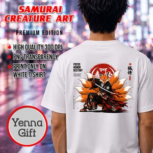 Volpe a nove code samurai, design dello spirito della volpe giapponese, grafica PNG per maglietta bianca