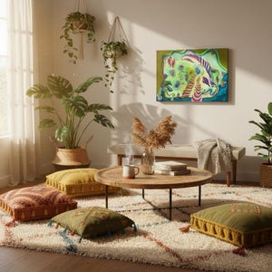 Könnte beinhalten: Ein gemütliches Wohnzimmer mit einem runden Couchtisch aus Holz, bunten Bodenkissen und einem gemusterten Teppich. Der Raum ist mit Pflanzen, einem Gemälde und einer Bank dekoriert und schafft eine warme und einladende Atmosphäre.